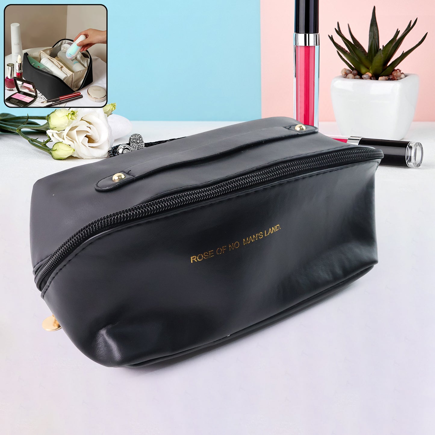 Premium Black Travel Makeup  Toiletry Organizer Pouch With Zipper  Handle (1 Pc) - Happy Price - Image 2