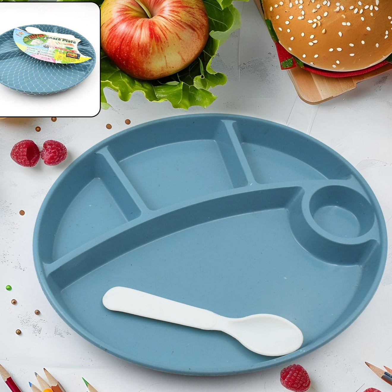 Plastic Food Plates  Biodegradable 5 Compartment Plate With Spoon For Food Snacks  Nuts  Desserts Plates For Kidsreusable Plates For Outdoor Camping Bpa-free(1 Pc) - Happy Price - Image 1