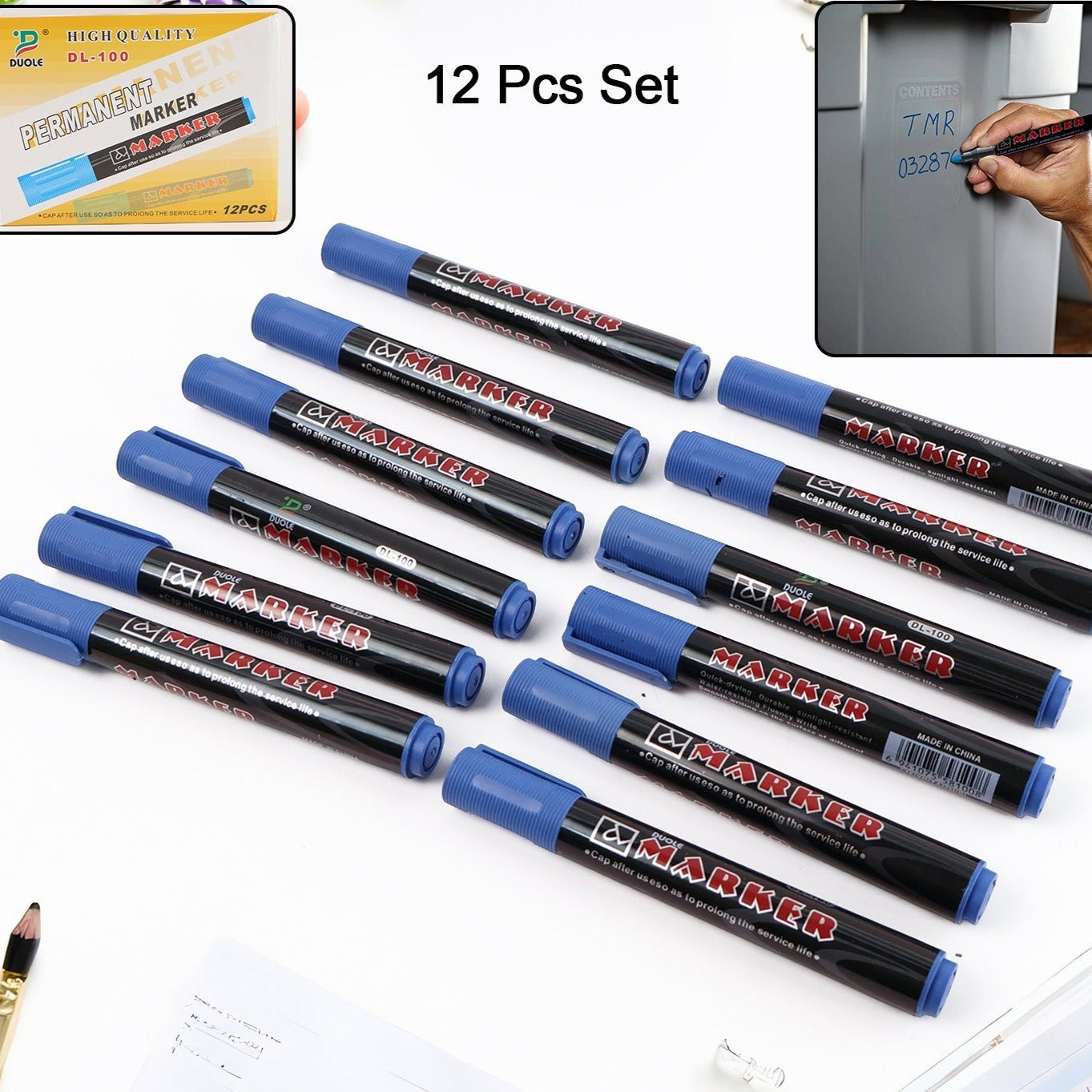 Premium Permanent Blue Marker Pen Set (12 Pc) - Happy Price - Image 1