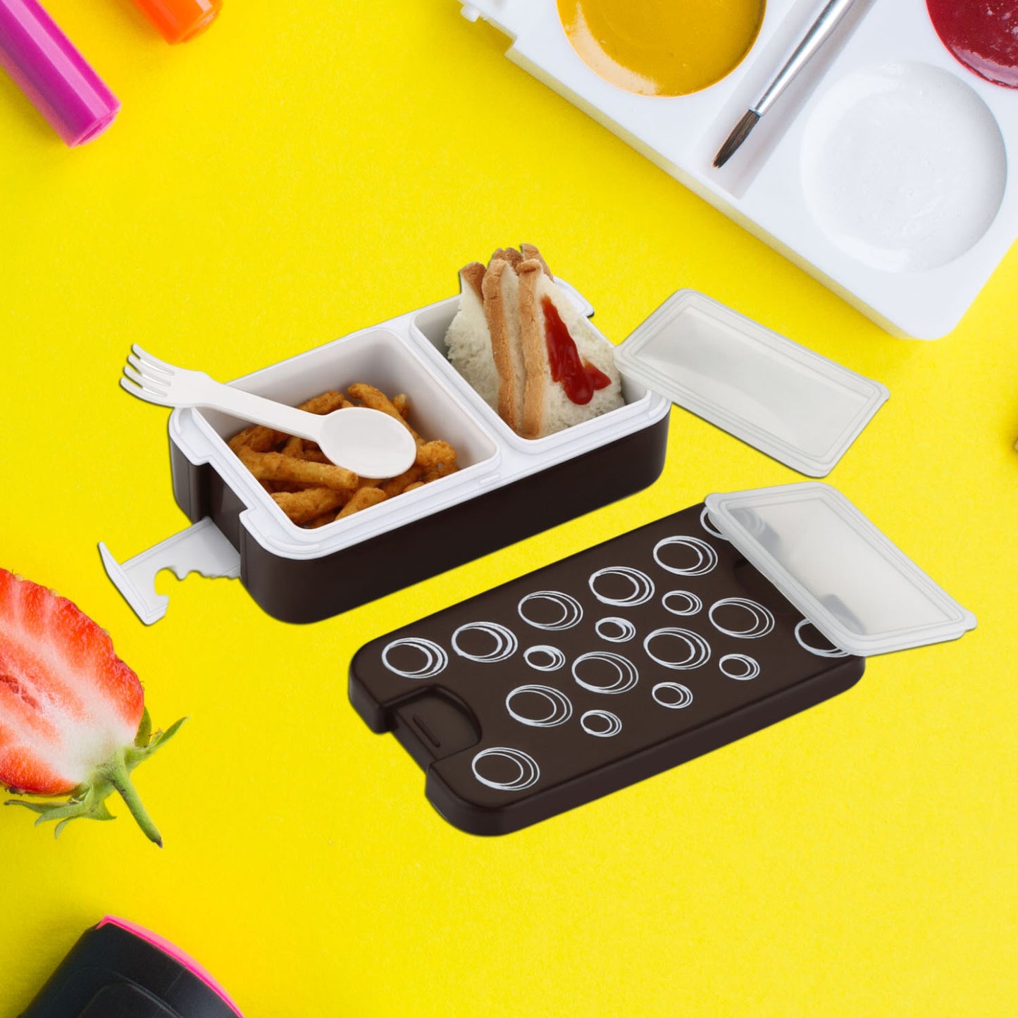 Airtight Lunch Box 2 Compartment Lunch Box Leak Proof Food Grade Material Lunch Box Modern Appearance  Compact Lunch Box With Spoon - Happy Price - Image 5
