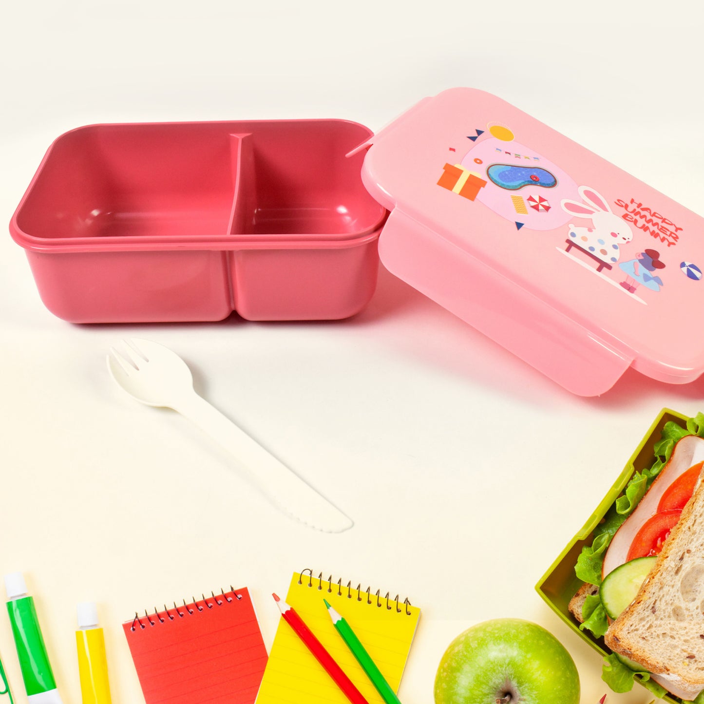 Plastic Lunch Box Leak Proof 2 Compartment With Bottle And Fork (1 Set  Mix Color) - Happy Price - Image 5