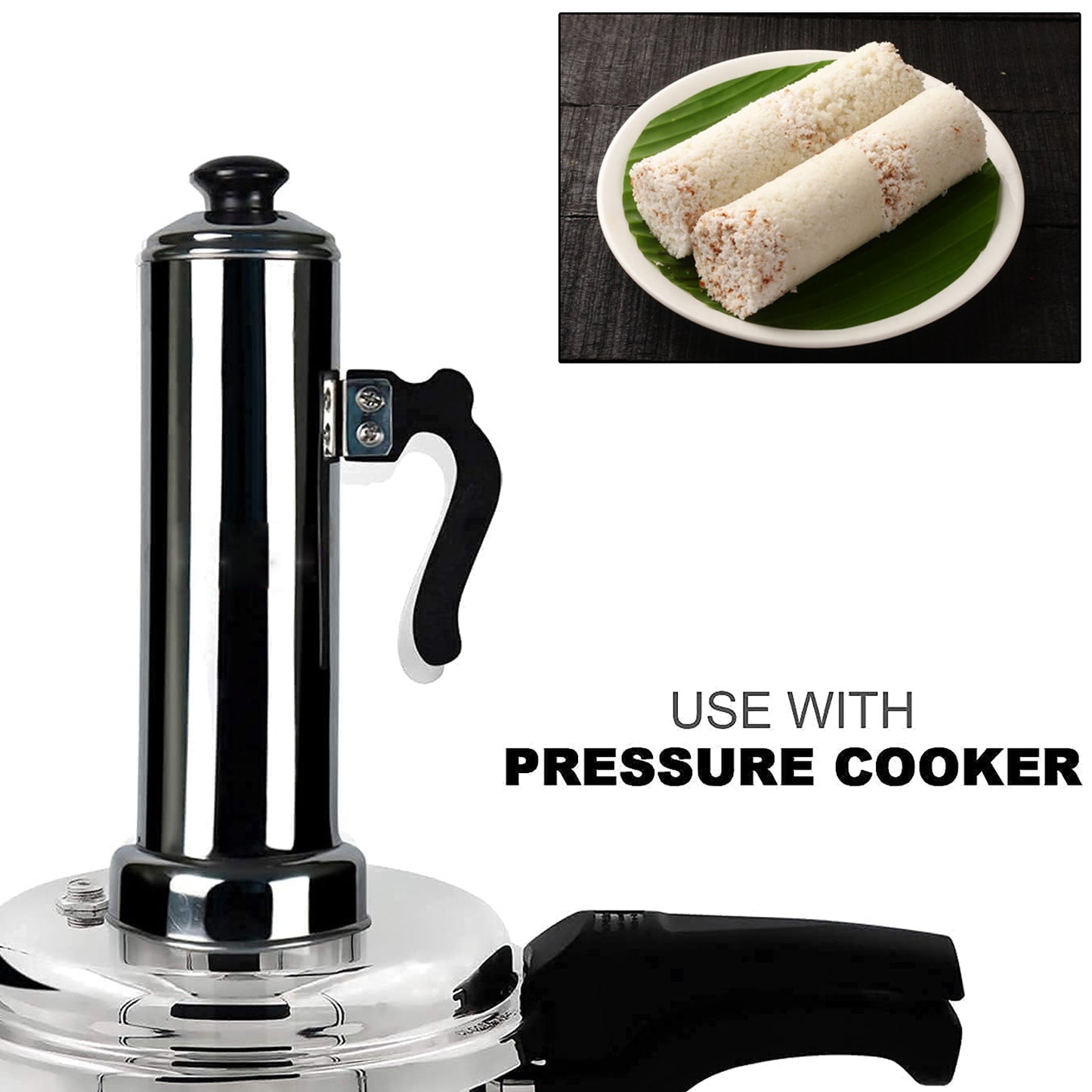 Puttu Maker With Steamer Plate Metal Stick Black Plastic Handle Silver Lid  Puttu Maker Set  To Use With Pressure Cooker Top Food Grade Stainless Steel - Happy Price - Image 5