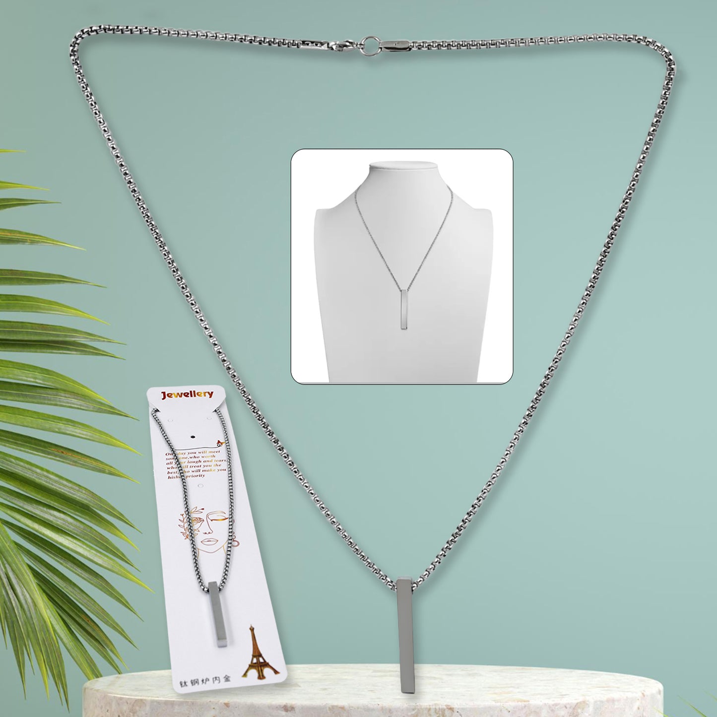 Stainless Steel Plain Stick Shape Locket With Chain (1 Pc) - Happy Price - Image 2