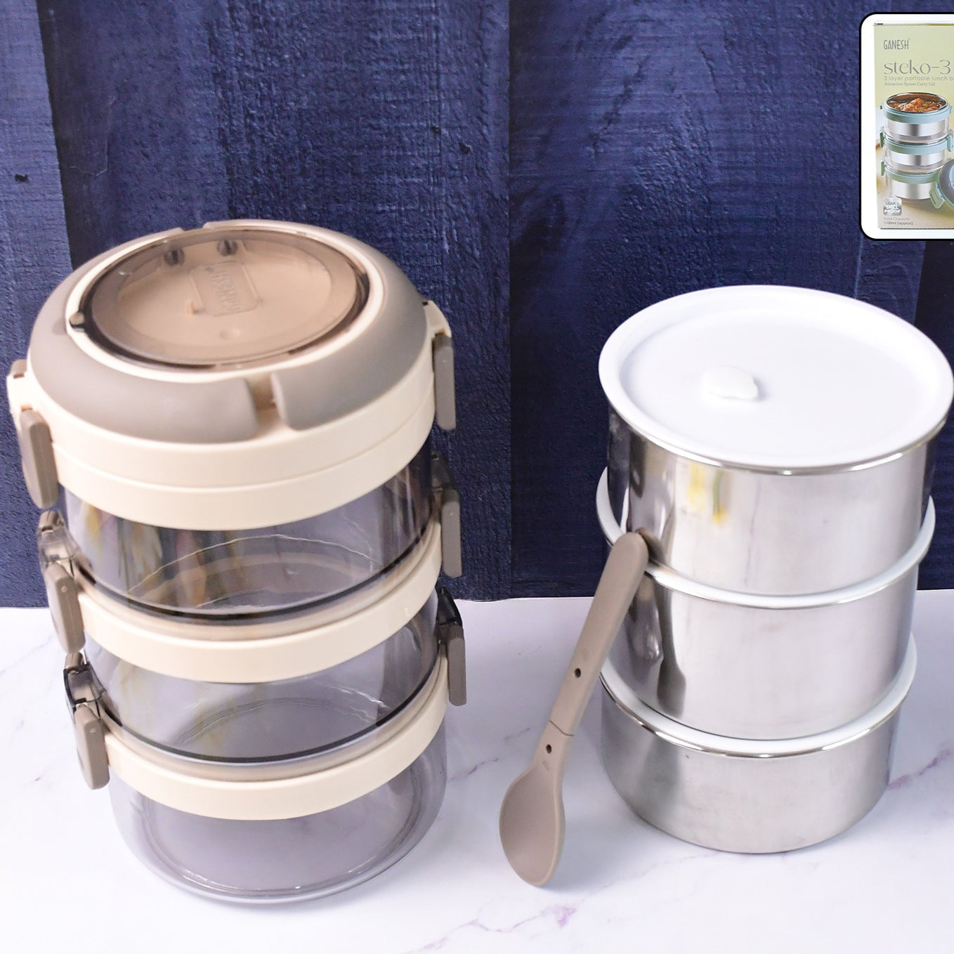 Ganesh Steko-3 Triple Layer Stainless Steel Insulated Lunch Box Set - Happy Price - Image 1