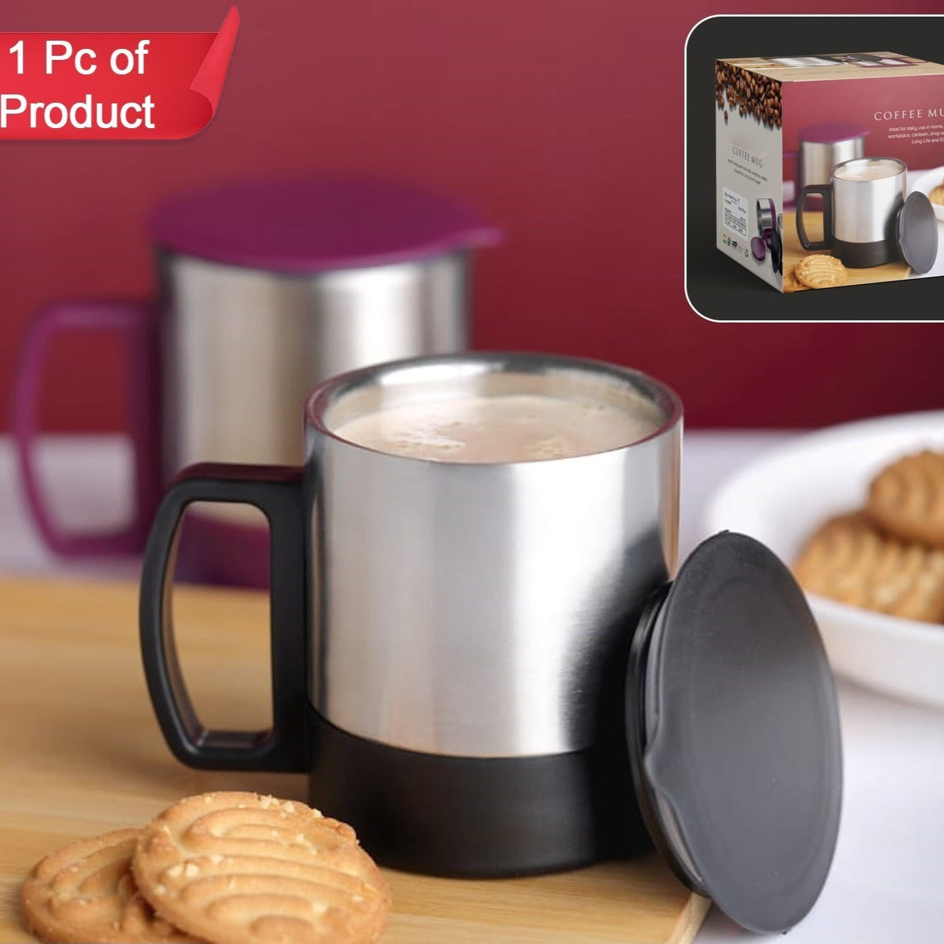 Stainless Steel Coffeetea Cup Stainless Steel Lid Cover Hot Coffeetea Mug Hot Insulated Double Wall Stainless Steel Coffee And Milk Cup With Lid  Handle Easy To Carry - Coffee Cup (1 Pc) - Happy Price - Image 1