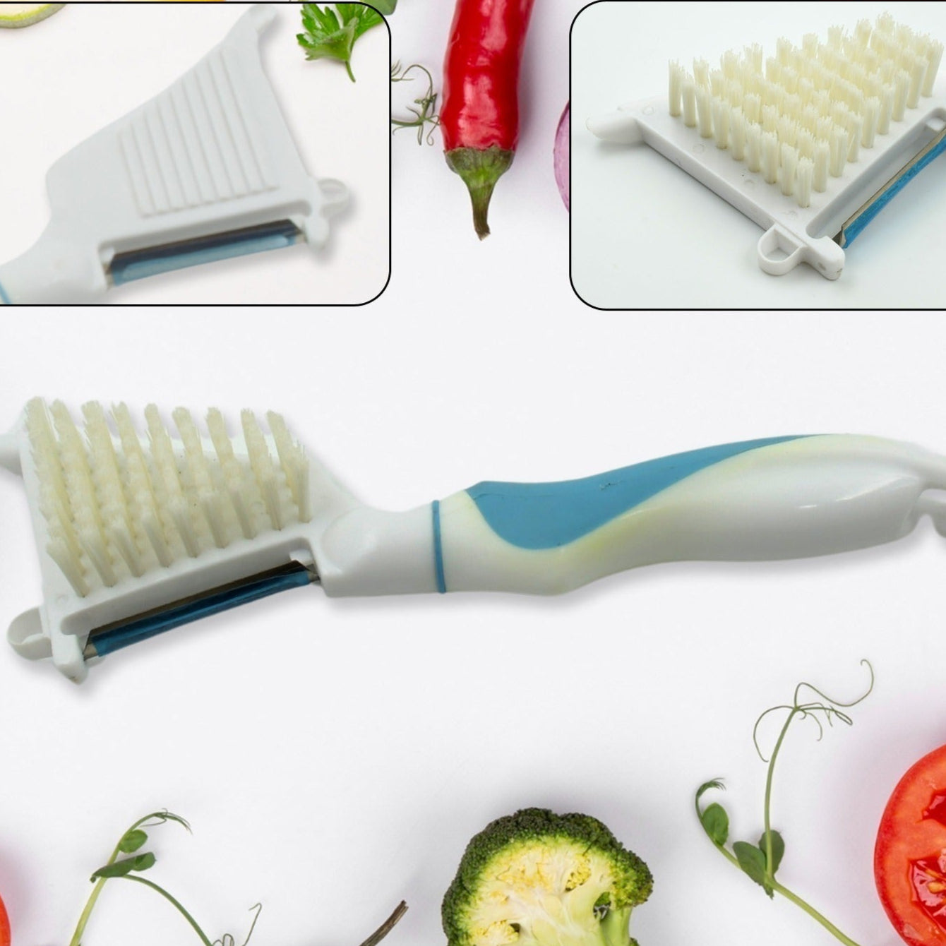Multipurpose Peeler Brush Vegetable Peeler With Brush Multifunctional Fruits And Vegetable Cleaning Brush Stainless Steel Potato Peelers Home Kitchen Peeler With Long Handle (1 Pc ) - Happy Price - Image 1
