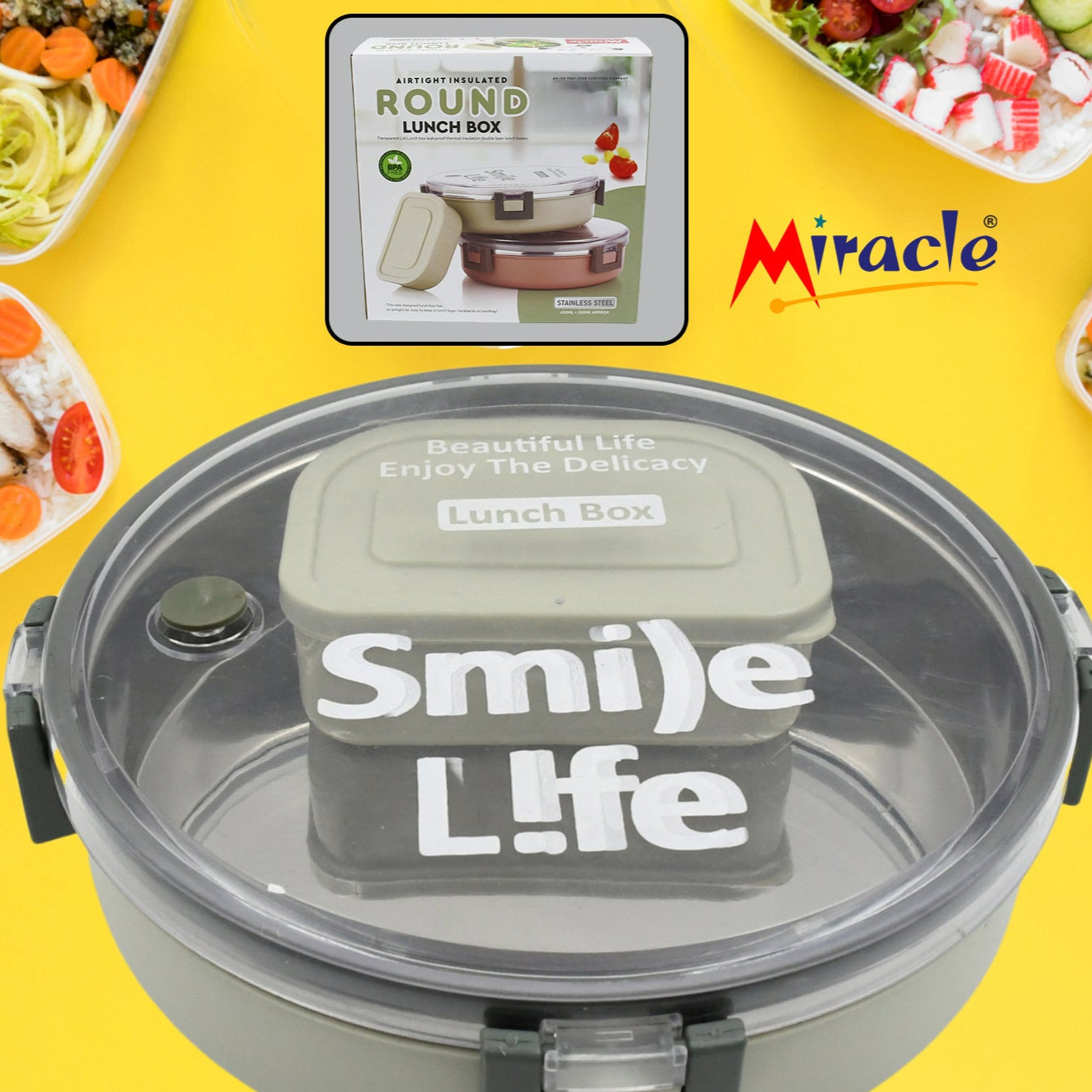 Miracle Stainless Steel Round Lunch Box With Small Plastic Box Insert Leak Proof Lunch Box With Transparent Lid Lunch Box For Kids  Adults For School Office (450 Ml + 250 Ml Approx) - Happy Price - Image 1