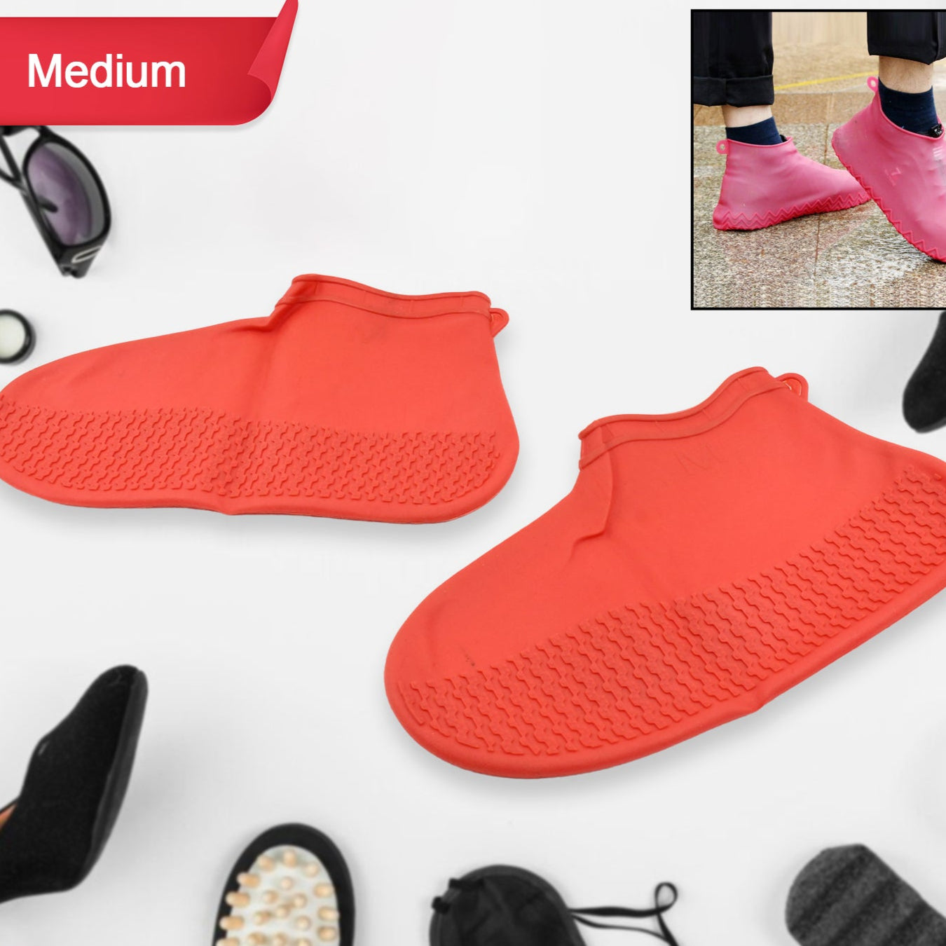 Non-slip Silicone Rain Reusable Anti Skid Waterproof Fordable Boot Shoe Cover (Medium Size  1 Pair  Red) - Happy Price - Image 1