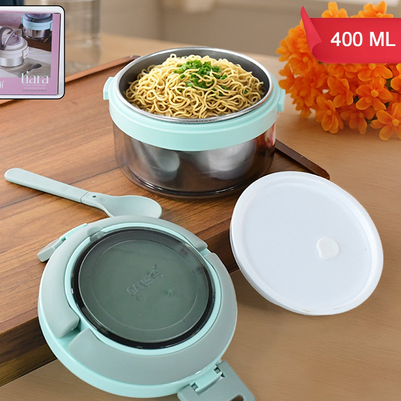 Ganesh Tiara 400ml Stainless Steel Insulated Lunch Box With Leakproof Lid  Folding Spoon - Happy Price - Image 1