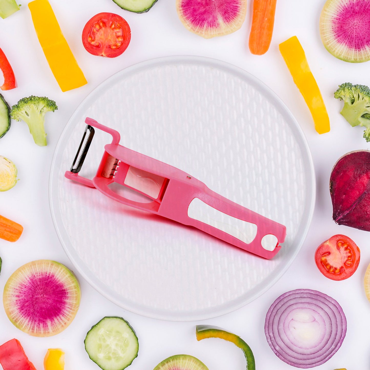 Plastic 2 In 1 Vegetable  Fruit Multi Cutter 5 Blade Vegetable Cutter With Peeler (1 Pc  Multicolor) - Happy Price - Image 4