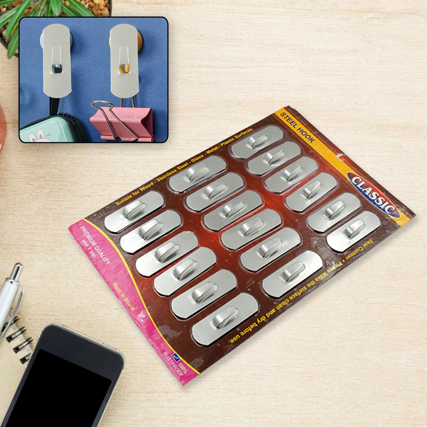 Multipurpose Stainless Steel Wall Hanging Hook 12 Pc Self Adhesive Stainless Steel Heavy Duty Wall Hooks For Hanging Clothes Calender Bathroom Tiles Kitchen Key Hange (18 Pc Set) - Happy Price - Image 2