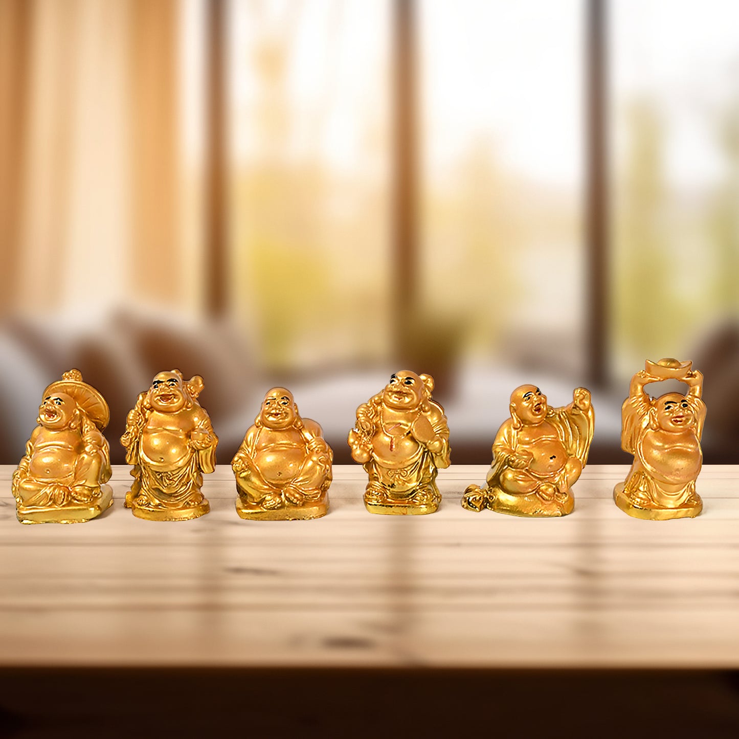 Golden Laughing Buddha Set Of Six Pieces Statue For Happiness Wealth  Good Luck Decor For Wealth And Success (6 Pcs Set) - Happy Price - Image 2