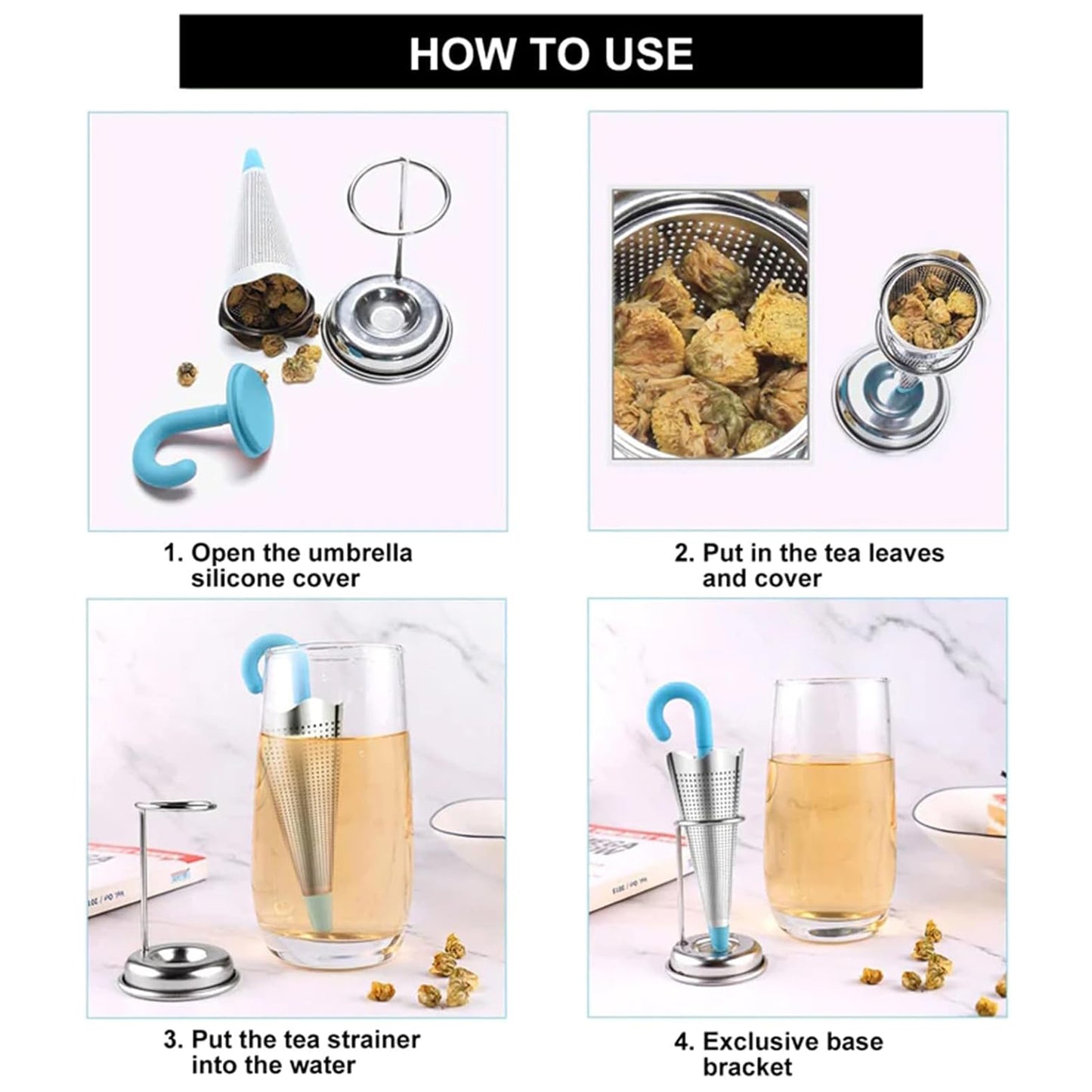 Reusable Cute Umbrella Tea Strainer With Tray  Stand (1 Pc) - Happy Price - Image 4