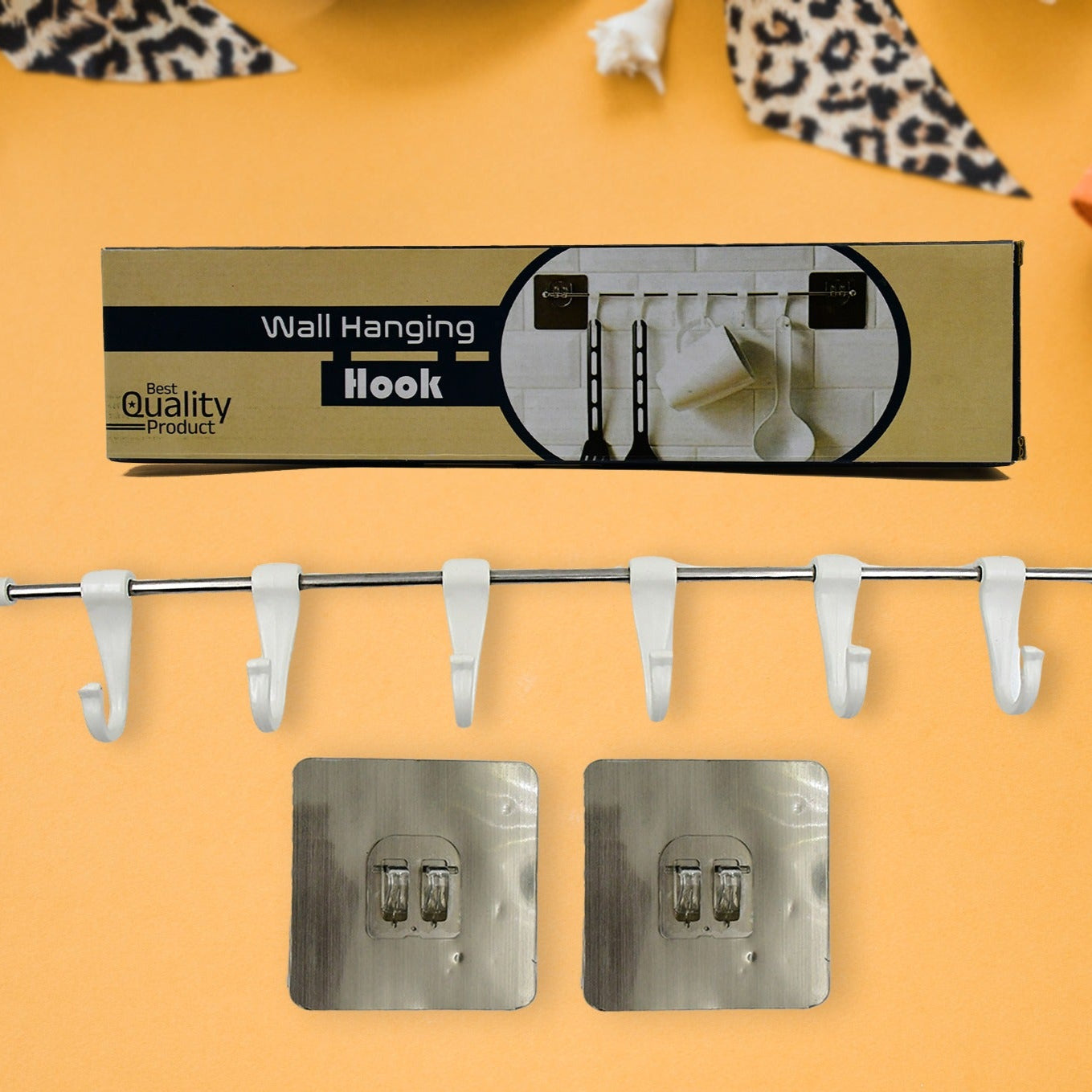 Stainless Steel Utensil Hanger Rail Nail Free Wall Mount With 2 Magic Stickers  6 Plastic Hooks For Kitchen - Happy Price - Image 1