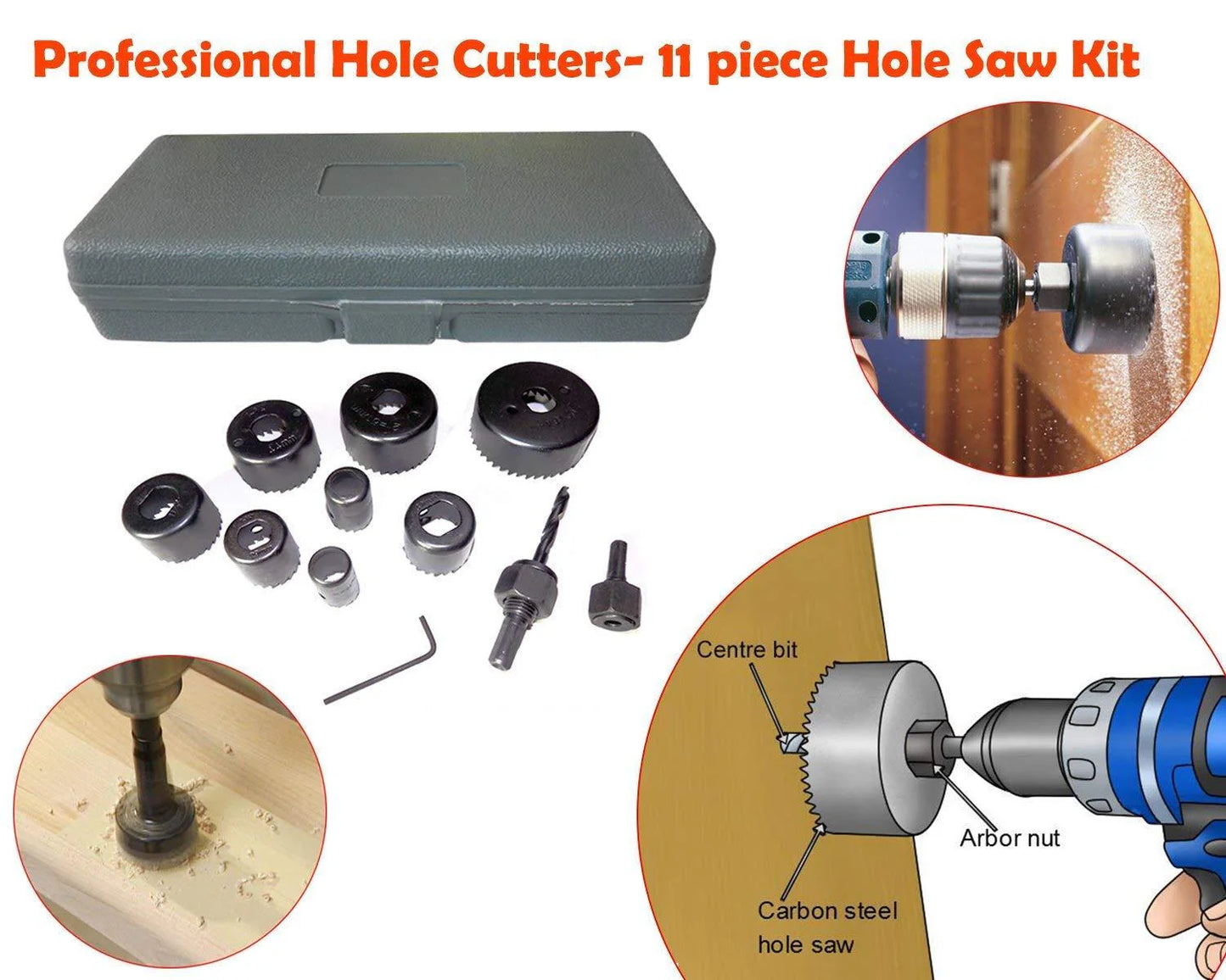 11 Pcs Wood Hole Saw Set (19-64mm) - Multicolour