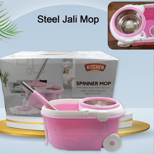 Mop With Bucket For Floor Cleaning With Steel Spin Mop For Floor Cleaning  Floor Cleaner Mop  Spin Mop  Magic Mop  Mop Stick  Spin Mop Set With Bucket Household Office Cleaning Tool Mop - Happy Price - Image 1