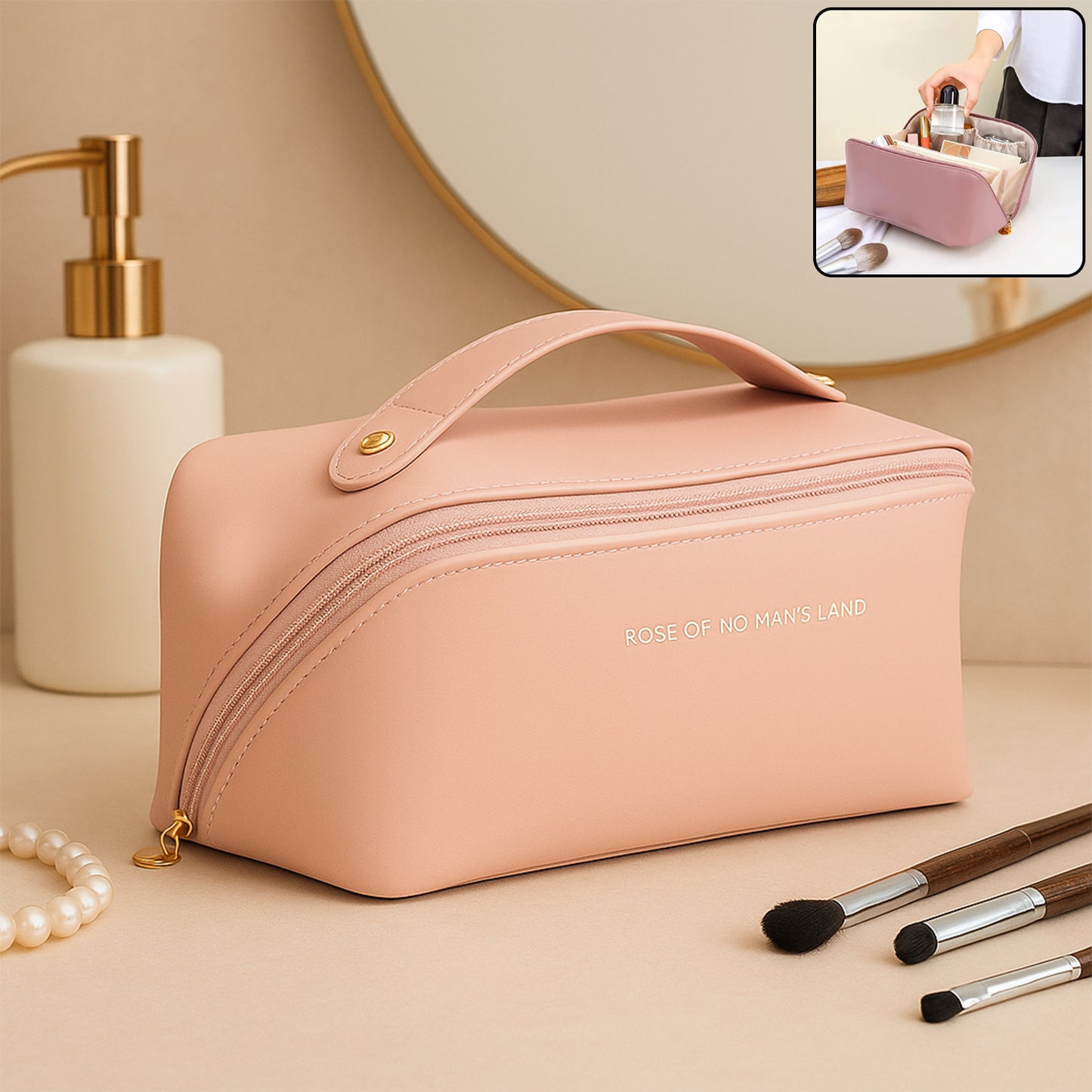 Premium Peach Travel Makeup  Toiletry Organizer Pouch With Zipper  Handle (1 Pc) - Happy Price - Image 2