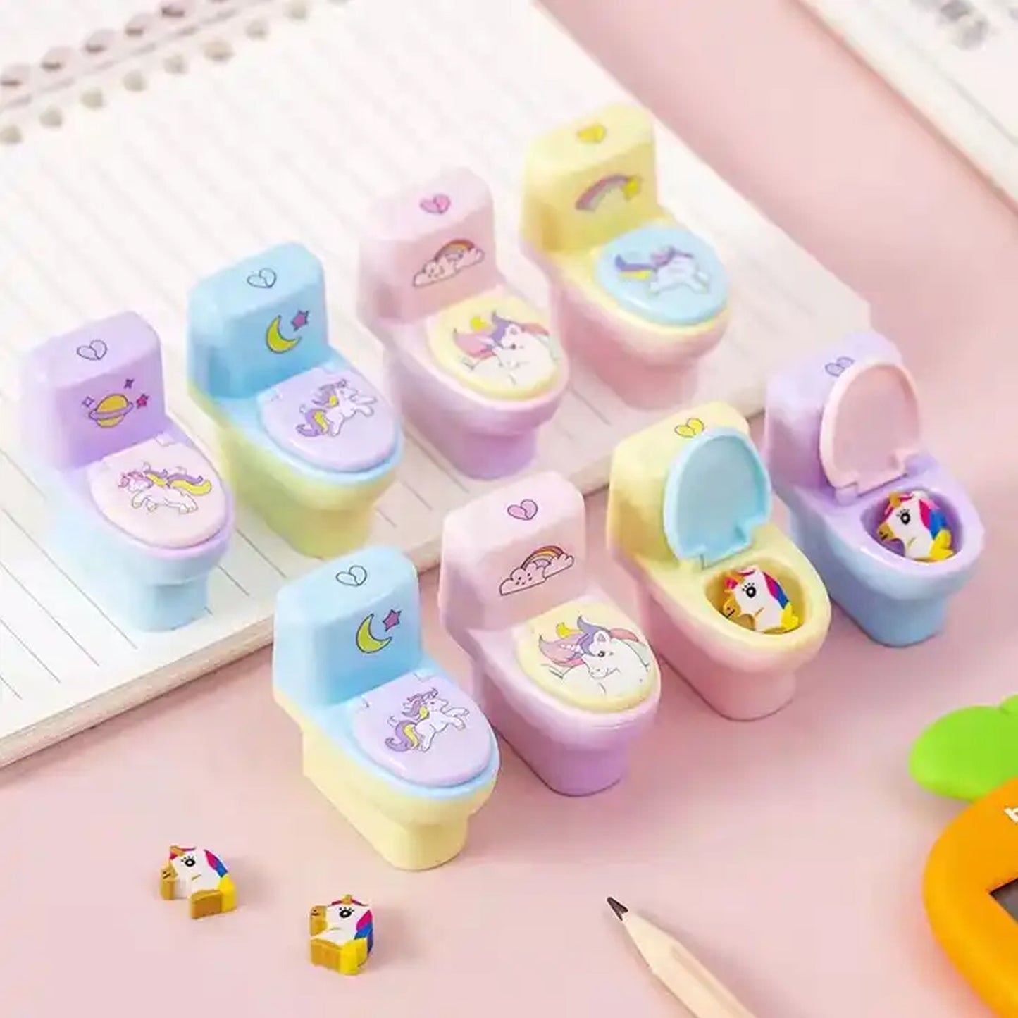 Toilet Pencil Sharpener Plastic Pencil Sharpener Novelty Pencil Sharpener Cute Cartoon Stationery Gift Small Toilet Shaped Sharpener With Eraser Wheel For School Kids (2 Pc Set) - Happy Price - Image 5
