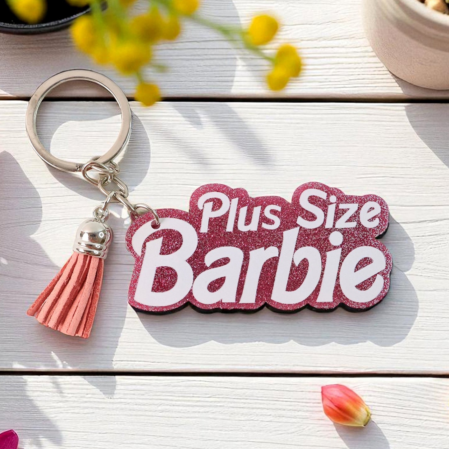 Glitter Finish Text Keychain with Tassel Charm - "Plus Size Barbie" Design (1 Pc)