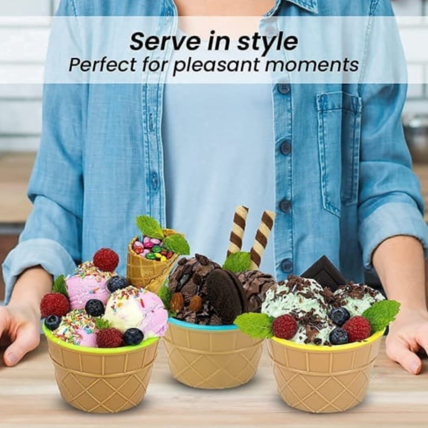 Ice-cream Waffle Spoon Bowel Cup Set  Premium Ice Cream Set  Ice-cream Bowel With Spoon 2pc Couple Bowl Set - Happy Price - Image 5