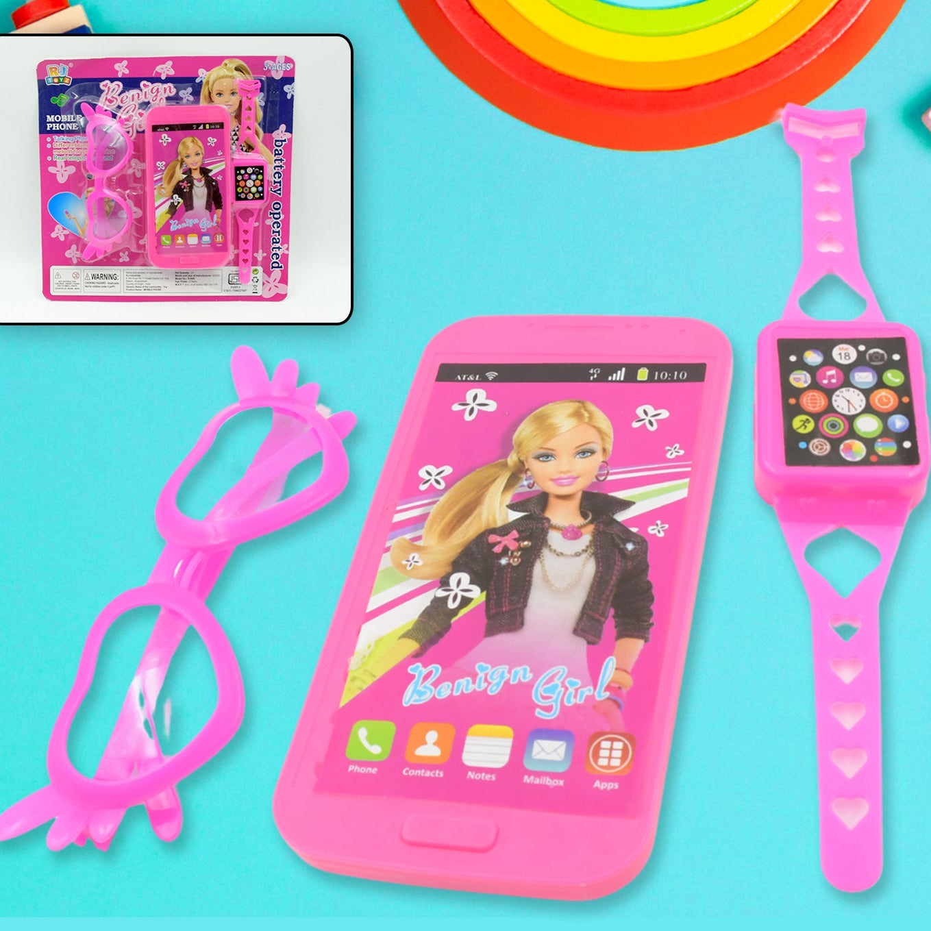 Barbiee Phone Watch And Glasses Set For Girls Beautiful Barbie Musical Phone Abs Plastic Toy Battery Operated Barbie Glass  Musical Mobile Phone   Toddler  Toy Phone For Kids  Calling Toy Phone (3 Pcs Set Battery Not Included) - Happy Price - Image 1