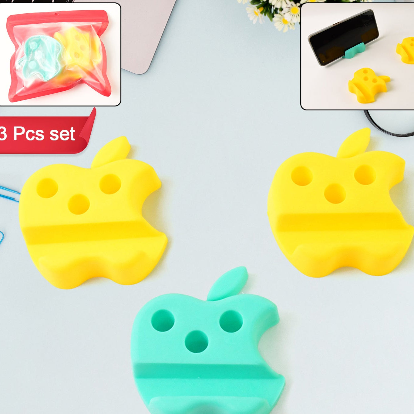 Multi-functional Apple-shaped Plastic Mobile Stand With Pen Holder (3 Pc  Mix Color) - Happy Price - Image 1