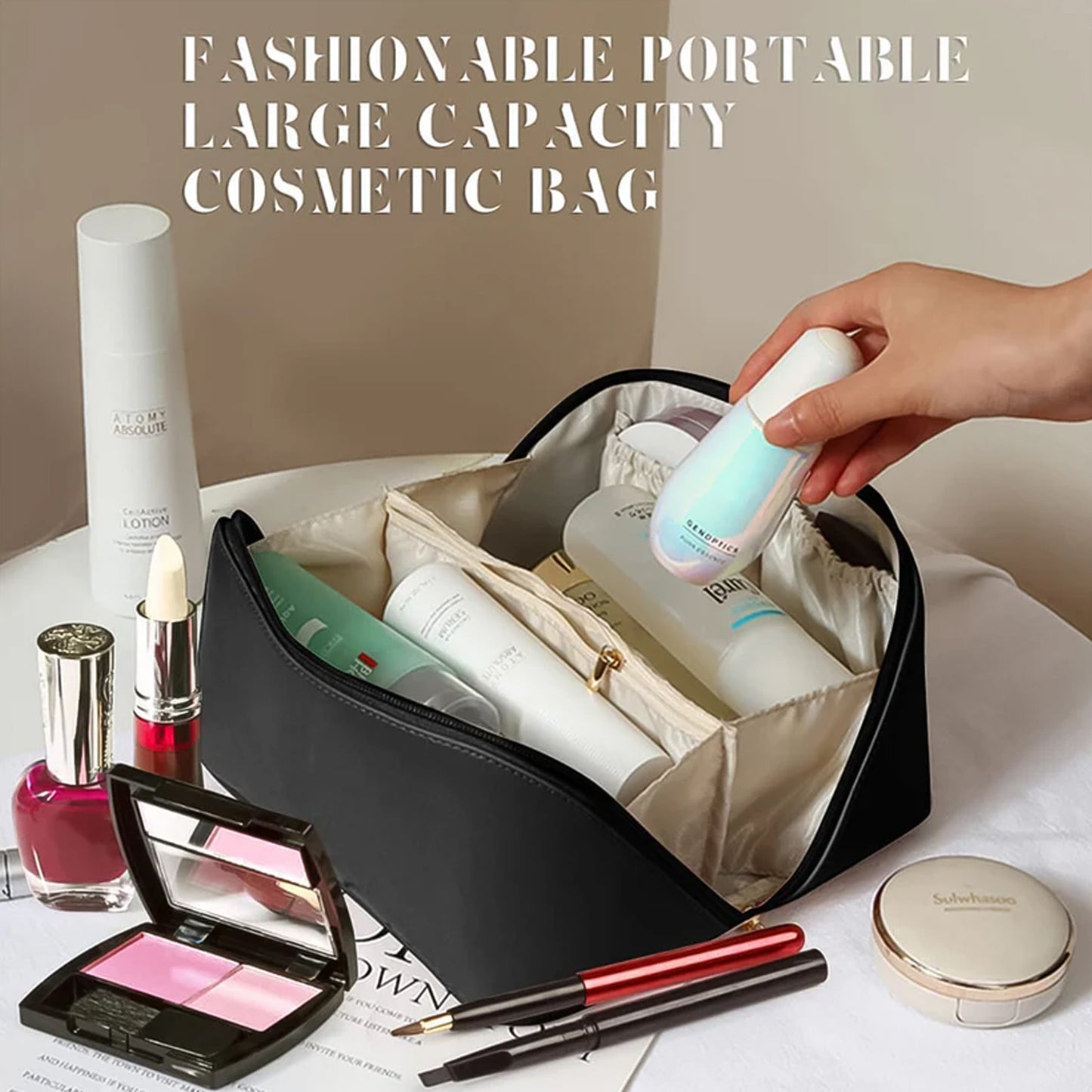 Premium Black Travel Makeup  Toiletry Organizer Pouch With Zipper  Handle (1 Pc) - Happy Price - Image 3
