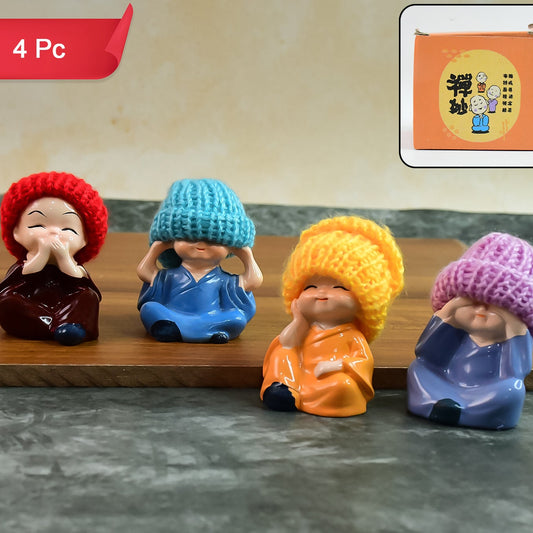 Set of 4 Resin Monk Buddha Figurines with Straw Hats - Spiritual Home Decor