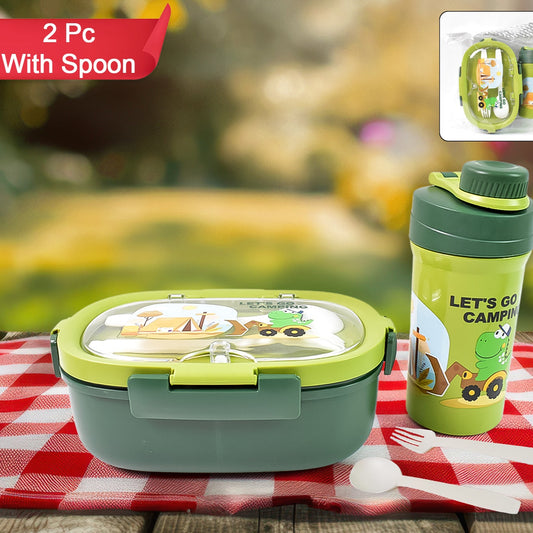 Plastic Lunch Box Leak Proof 3 Compartment With Bottle Spoon And Fork (1 Set) - Happy Price - Image 1