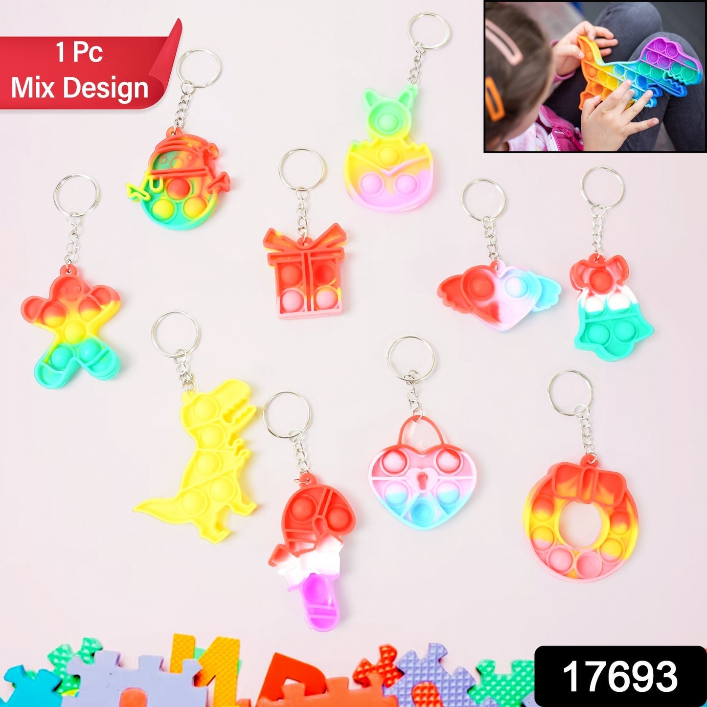Compact Silicone Pop It Keychain Toy - Birthday Return Gift Of Kids - Portable Bubble Popping Fun Stress Relief Fidget Toy (Mix Design  1 Pc) - Happy Price - Image 2