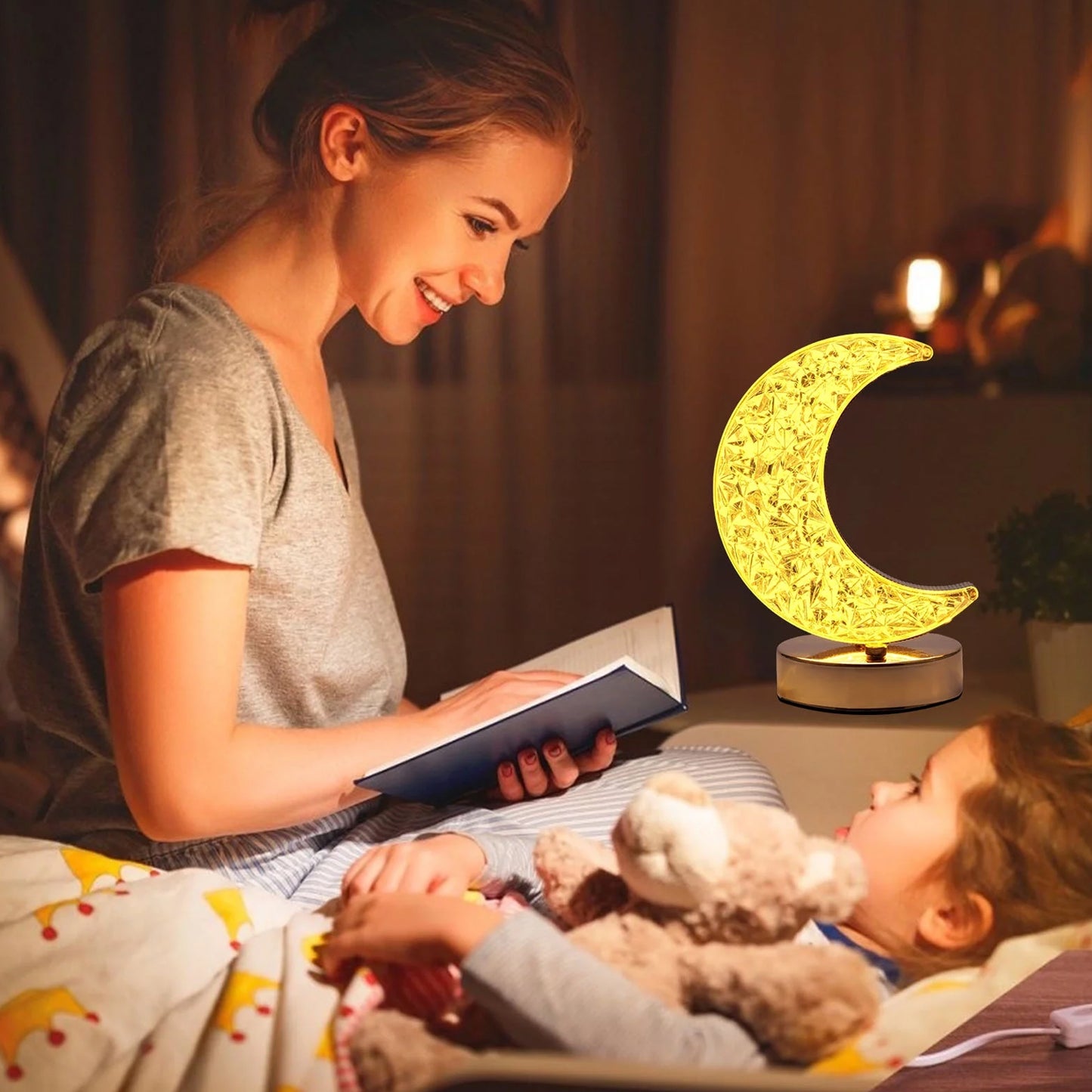 Crystal Table Lamp  Moon Shape Touch Control Lamp With 3 Color  Metal Bedside Lamp For Kids Bedroom Romantic Desktop Nightstand  Stepless Dimming Usb Charging Touch Night Light - Happy Price - Image 7