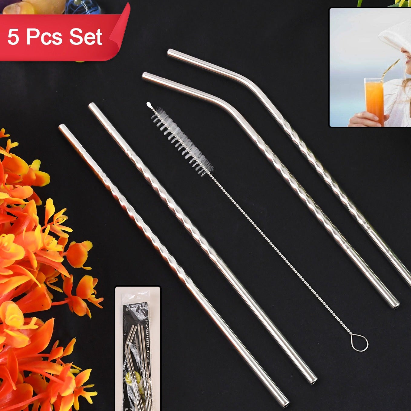 Reusable Stainless Steel Straws Set - 5 Pcs (2 Straight, 2 Bent, 1 Brush)