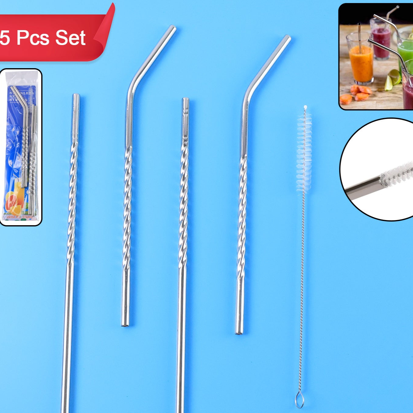 Set Of 4 Stainless Steel Straws  Brush (2 Straight Straws 2 Bent Straws 1 Brush) - Happy Price - Image 1