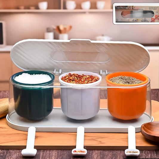 Home Kitchen 3 Grid Seasoning Spice  Masala Box Kit With Spoon (Multicolor  1 Set) - Happy Price - Image 1