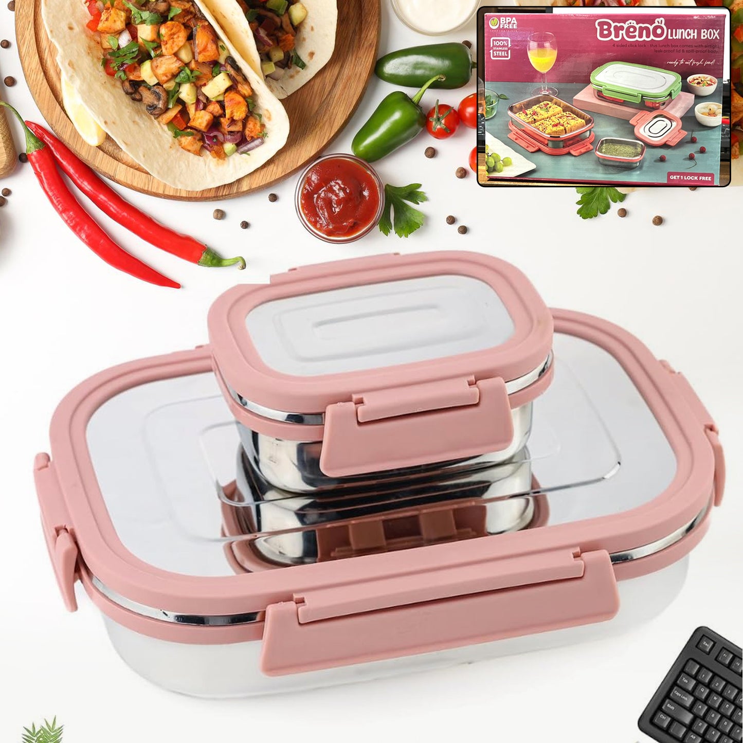 Premium Stainless Steel Leak Proof Air Tight Lunch Boxes (900ml+200ml Approx  2 Pc Set) - Happy Price - Image 2