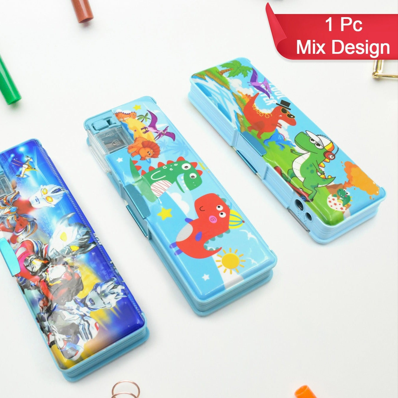 Multipurpose Compass Box Plastic Double Deck Pencil Case With 2 Compartments Supplies Utility Box Storage Organizer Pencil Box For School Cartoon Printed Pencil Case For Kids Birthday Gift For Girls  Boys (1 Pc Mix Design) - Happy Price - Image 1