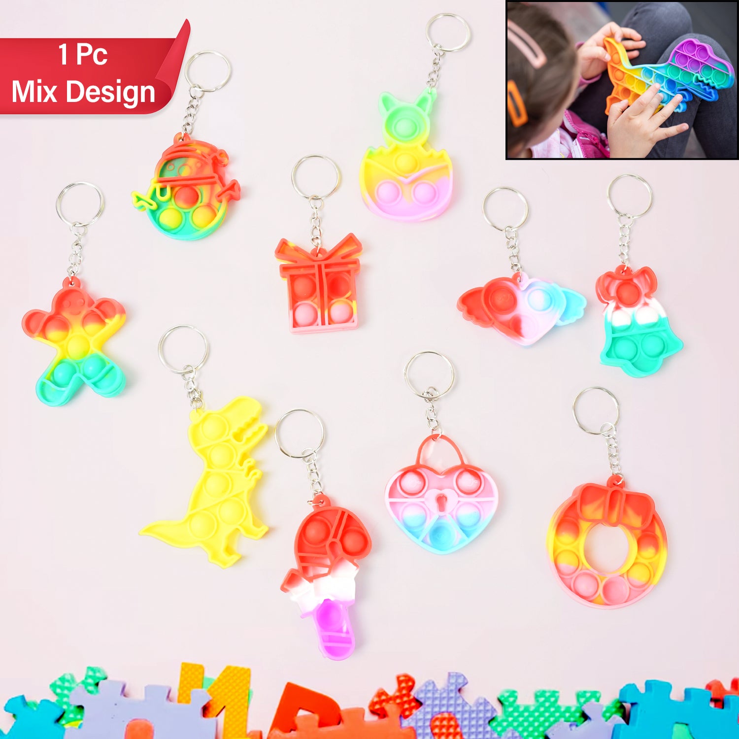 Compact Silicone Pop It Keychain Toy - Birthday Return Gift Of Kids - Portable Bubble Popping Fun Stress Relief Fidget Toy (Mix Design  1 Pc) - Happy Price - Image 1
