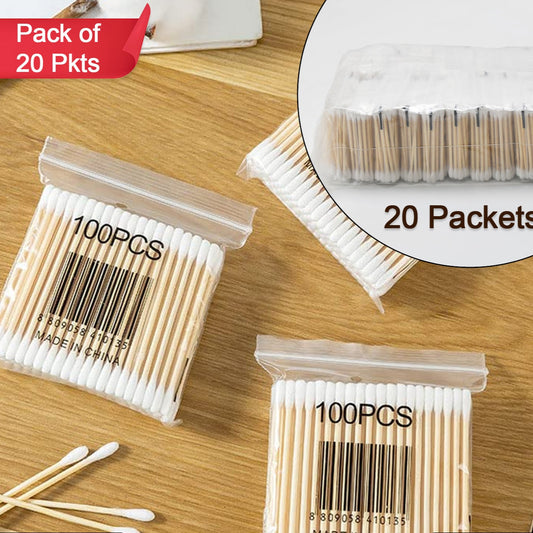 Cotton Swabs Bamboo With Wooden Handles For Makeup Clean Care Ear Cleaning Wound Care Cosmetic Tool Double Head Biodegradable Eco Friendly (Pack Of 20) - Happy Price - Image 1