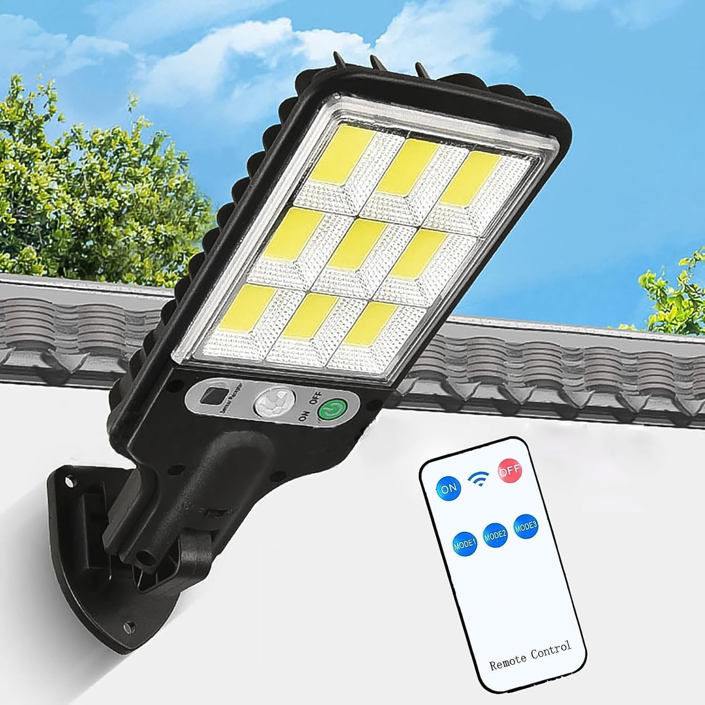 Solar LED Street Light with Motion Sensor & Remote Control - Outdoor Waterproof Wall Mount Lamp
