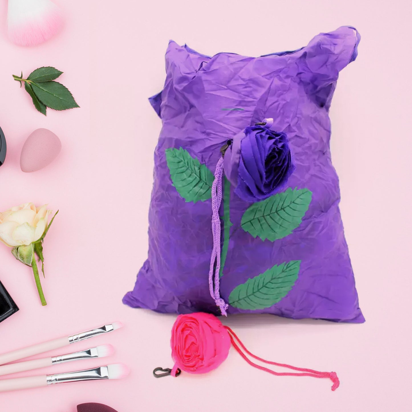 Foldable Bag Cute Rose Shape Cover Reusable Bag Naylon Bag Nylon Shopping Carry Bags Large Reusable Foldable Bag Eco Friendly Shopping Folds To Pocket Size Tote Grocery Shoulder Handbag Travel Bag (1pc) - Happy Price - Image 3
