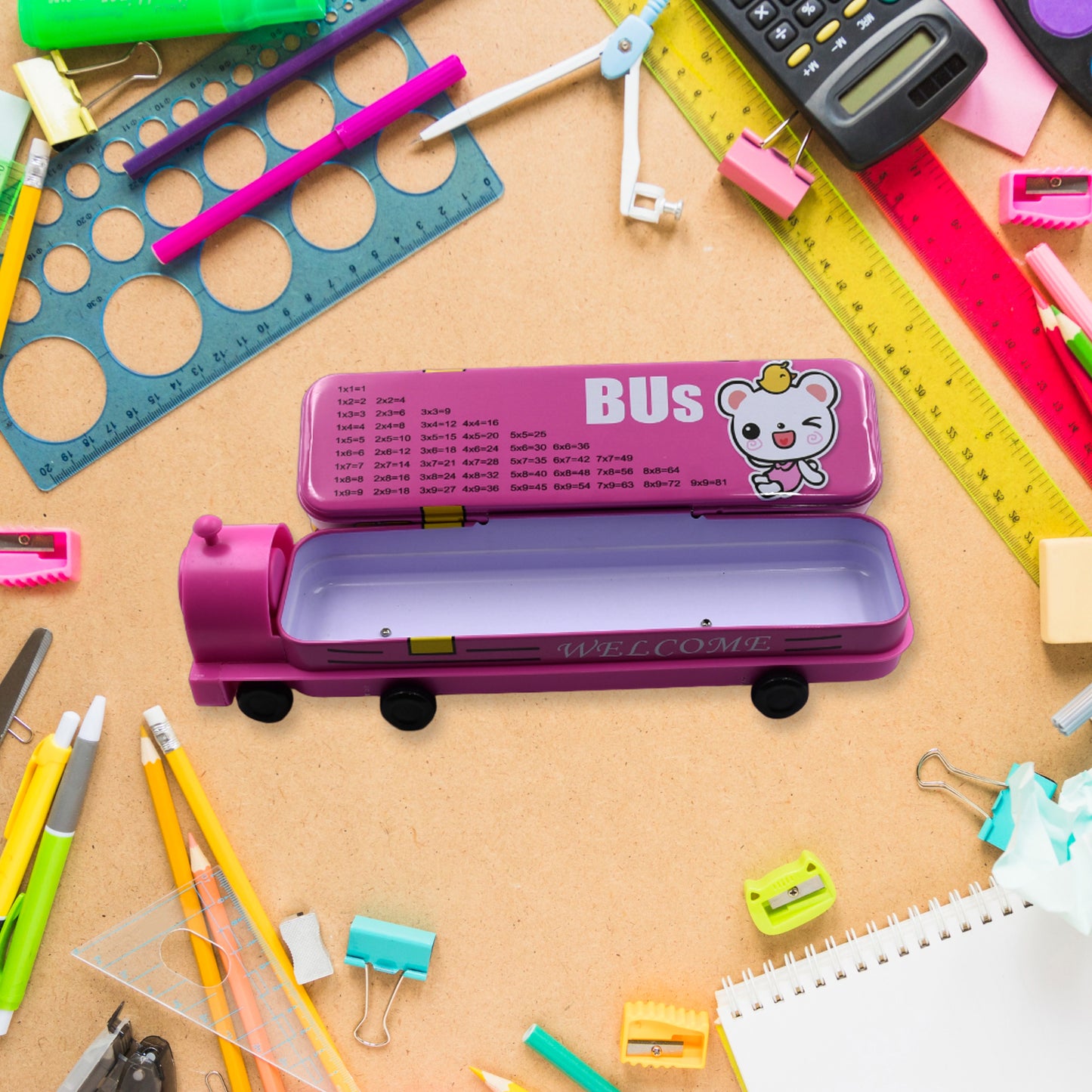 Double Decker Magic Bus Compass 2 Layer Metal Bus Compass Pencil Case With Movable Wheels  Sharpener Bus Shape With Tiers Metal Pencil Box For Kids Birthday Party - Happy Price - Image 6