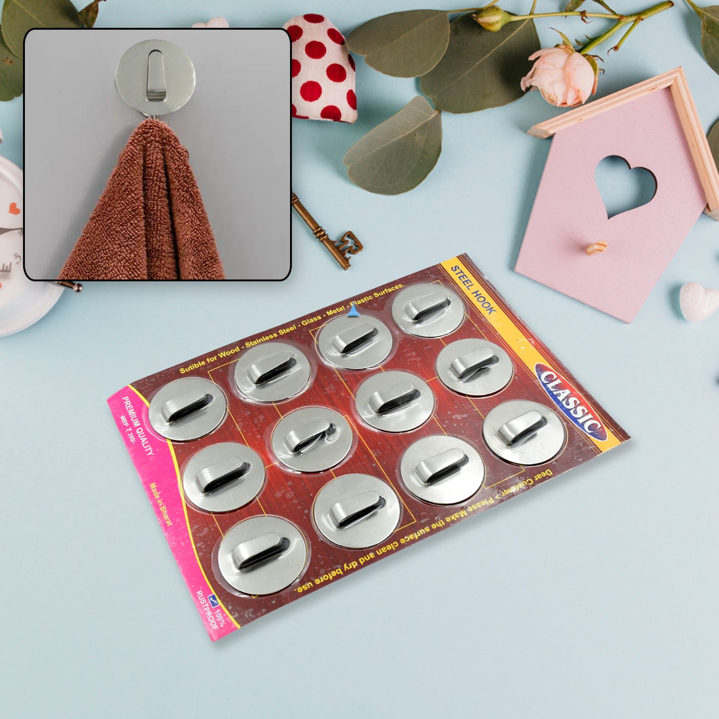 Multipurpose Steel Wall Hanging Hook 12 Pc Self Adhesive Wall Hanging Hooks Sticker Hook Suitable For Wall Paper Calender Bathroom Tiles Kitchen Key Hange And Etc Hook 12  (Pack Of 12) - Happy Price - Image 2