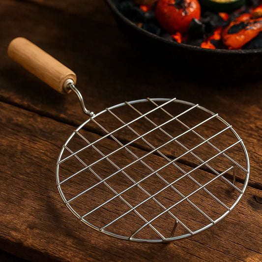 Kitchen Round Stainless Steel Roaster Papad Jali Barbecue Grill With Wooden Handle - Happy Price - Image 1