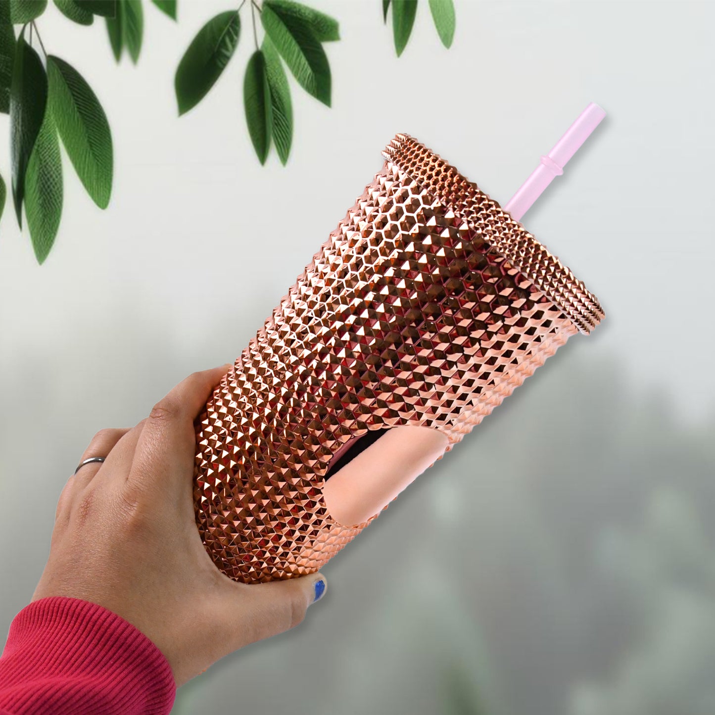 Studded Cup Tumbler Straw Lid - Plastic Double Walled Cold Cup For Iced Coffee - Happy Price - Image 2