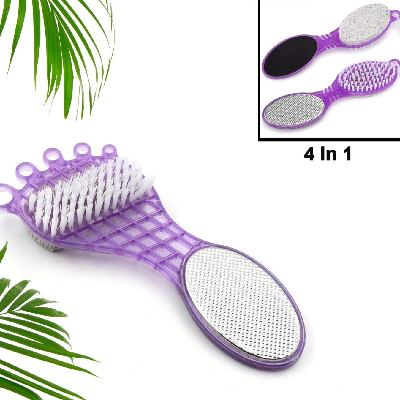 4 In 1 Pedicure Tool For Rough  Dry Feet Dual-sided With Pumice Stone Soft Brush Steel Scrubber  Emery File Softens Hard Foot Corns  Calluses Cleanses  Smoothens Dull Feet - Happy Price - Image 1