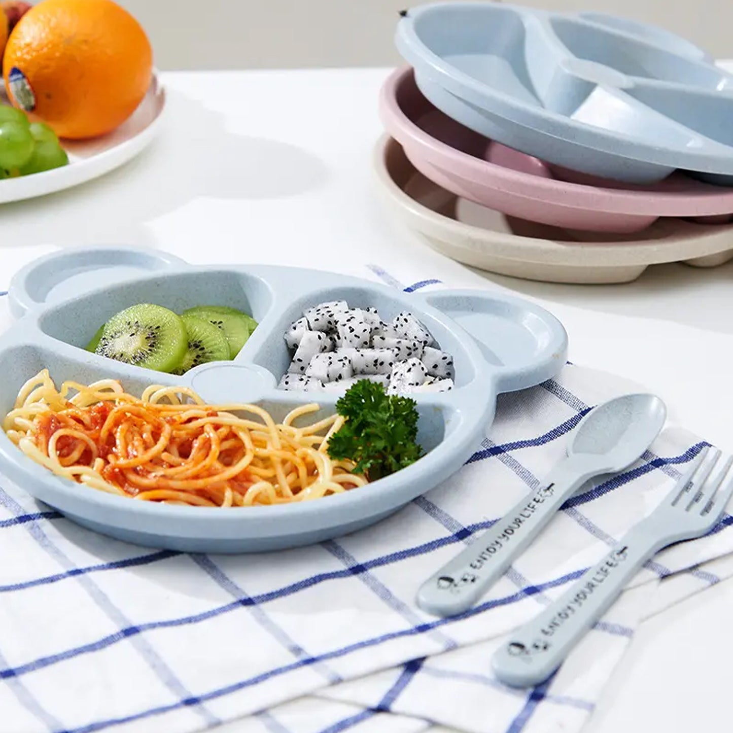 Kids 3 Compartment Food Tray  Plates With Spoon  Fork (1 Set) - Happy Price - Image 3