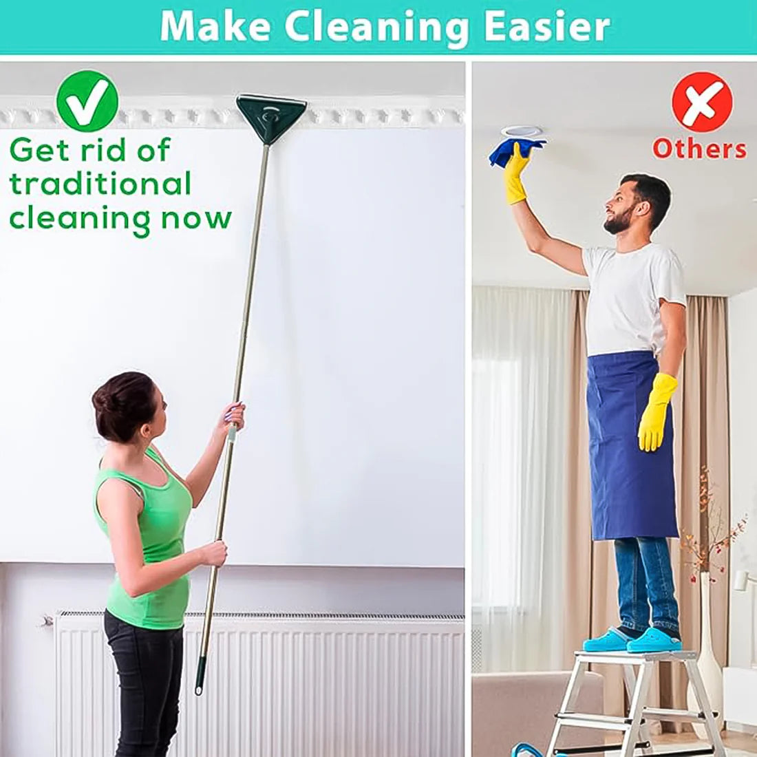 2-in-1 Extendable Triangle Mop with Telescopic Handle - 360° Rotating Floor & Wall Cleaner (1 Pc)