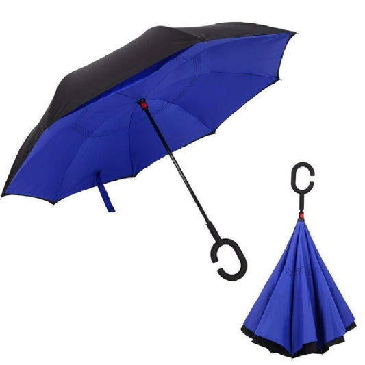 Plain Design Windproof Upside Down Reverse Umbrella With C-shaped Handle - Happy Price - Image 1
