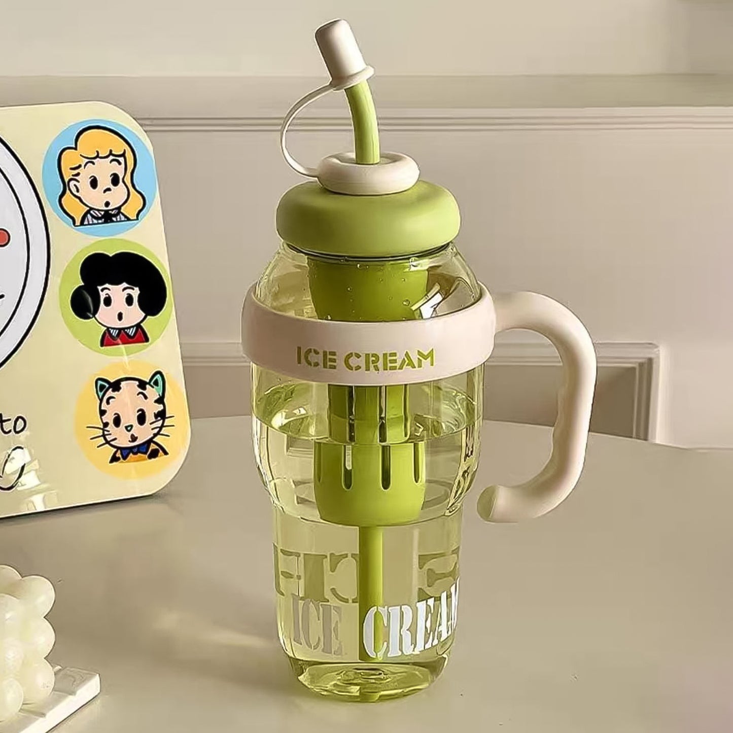 Approx 1300ml Large Capacity Cute Ice Cream Themed Water Bottle With Handle Straw  Fruit Infuser  Leakproof Sipper For Kids  Adults - Happy Price - Image 7