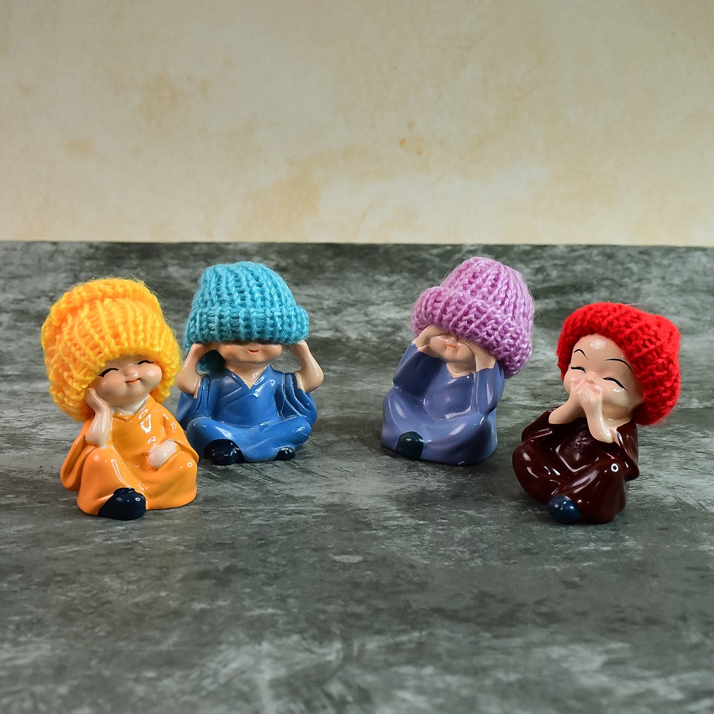 Set of 4 Resin Monk Buddha Figurines with Straw Hats - Spiritual Home Decor